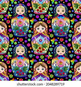 Seamless pattern with bright Russian dolls and butterflies, toys on a dark background