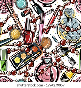 Seamless pattern. Bright scattered decorative cosmetics on a light background. Perfume lipstick shadow brush beads woven in one pattern. Illustration in the style of a fashion sketch by hand.