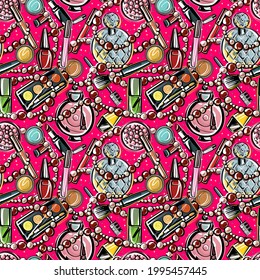 Seamless pattern. Bright scattered decorative cosmetics on a pink background. Perfume lipstick shadow brush beads woven into a single pattern. Illustration in the style of a fashionable sketch by hand