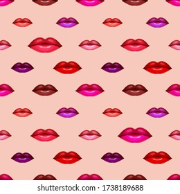 Nahtlose Muster von hellen sexy Lippen mit Lippenstift in unterschiedlicher Farbe. Mode- und Beauty-Konzept, Design für Schönheitssalon und Kosmetikshop