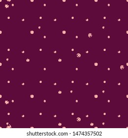 Seamless pattern. Bright, shiny pink snowflakes on purple background. Pastel colors. Hand drawn doodles style. Vector illustration.Simple fashionable background for banners,printing on textile,paper.