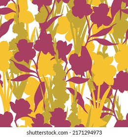 Seamless pattern of bright silhouettes of flowers, Narcissus, Gladiolus, Alstroemeria. 