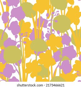 Seamless pattern of bright silhouettes of flowers Orchid, Narcissus, Ranunculus. Vector illustration