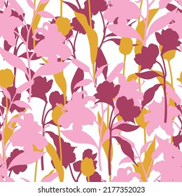 Seamless pattern of bright silhouettes of flowers Tulip, Lily, Alstroemeria. 