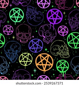 Seamless pattern of bright skulls and pentagrams on a black background