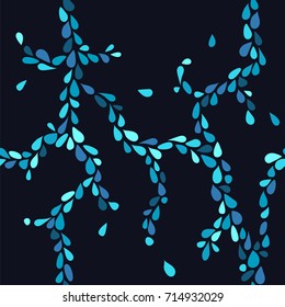 Seamless pattern with bright small water drops. Stock vector illustration of blue splashes and flow on dark background.