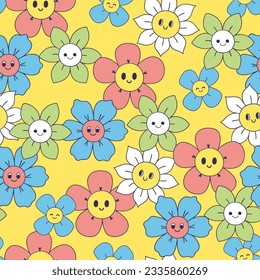Seamless pattern with bright smiling flowers. Vector graphics.