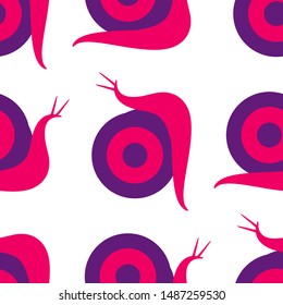 Seamless pattern with bright snail for decoration. Suitable as a background for paper, fabric or as a print. For South Korean cosmetics, masks. Pink snails on a white background