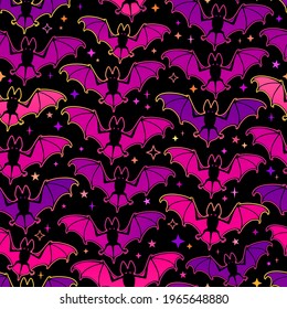 seamless pattern of bright soaring bats on a black background