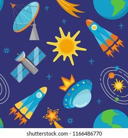 Seamless pattern with bright space icons in flat style