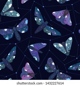 Seamless pattern with bright space moth and constellations on dark background. Colorful vector illustration.