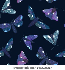 Seamless pattern with bright space moth on dark background. Colorful vector illustration.