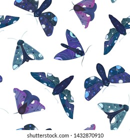 Seamless pattern with bright space moth on white background. Colorful vector illustration.