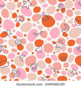 Seamless pattern with bright spots and designs of a star, heart, moon, eye. Pattern for children's fabric. Flat vector illustration