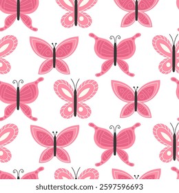 Seamless Pattern of Bright Spring Butterflies in Pink Colors on White Background in Flat Style