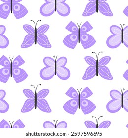 Seamless Pattern of Bright Spring Butterflies in Purple Colors on White Background in Flat Style