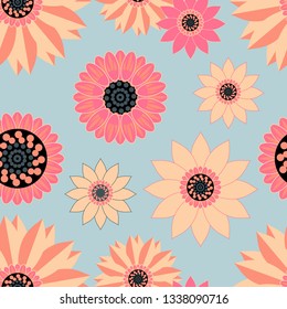 Seamless pattern with bright spring flowers in cartoon flat style on blue background. Great for wallpaper, cute background, fun textile fabric, kids female surface design.