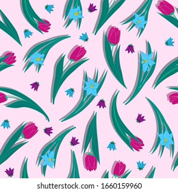 Seamless pattern of bright spring flowers, tulips and daffodils on a delicate pale pink background.Vector illustration for decoration of printed products, textiles, fabrics, gifts, packaging,wallpaper