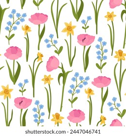 Seamless pattern of bright spring flowers on a white background. Vector illustration with floral ornament. Stylized print for printing on fabric, packaging, wallpaper, home textiles.