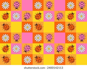 Seamless pattern of bright squares with daisies and ladybugs
