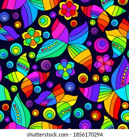 Seamless pattern with bright stained glass butterflies and flowers, moths on a dark background