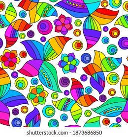 Seamless pattern with bright stained glass butterflies and flowers, moths on a white background