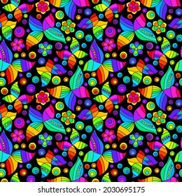 Seamless pattern with bright stained glass butterflies and flowers, moths on a dark background