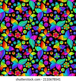 Seamless pattern with bright stained glass butterflies and flowers, moths on a black background