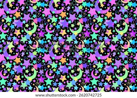 Seamless pattern of bright stars and crescents on a black background