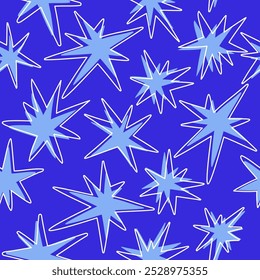 Seamless pattern with bright stars in flat style. Hand drawn vector illustration.