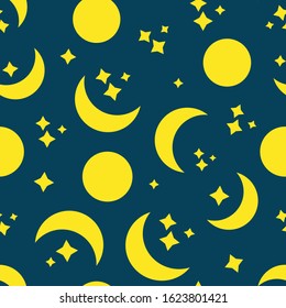 Seamless  pattern with bright stars and moon on night blue sky. Endless background. Modern design. Print for fabric, wrapping papers, wallpapers, covers, summer clothes. Creative vector illustration