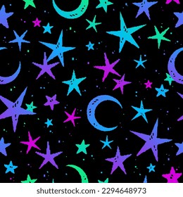 Patrón sin foco de estrellas brillantes y lunas sobre fondo negro