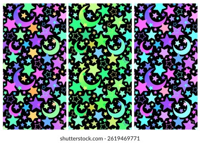 Seamless pattern of bright stars and moons. Set of color options
