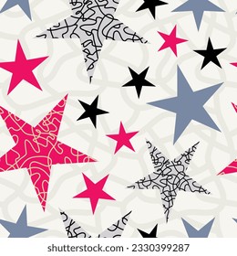 Seamless pattern with bright stars on scribble gray background. Minimalistic style. For fashion design, fabric print, home decor, wrapping paper, gift paper, cover, backdrop, wallpaper. Vector.