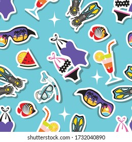 seamless pattern of bright stickers on the theme of summer holidays by the sea. the attributes of beach recreation and scuba diving are drawn in a flat cartoon style. 
