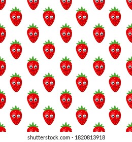 Seamless pattern with bright strawberries with cute eyes on a white background. Berry print print for bed linen and fabrics, wrapping paper and wallpaper. Stock vector illustration for decoration	