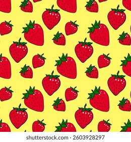 seamless pattern of bright strawberries of different sizes on a bright yellow background