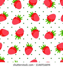 Seamless pattern of bright strawberries on polka dots background