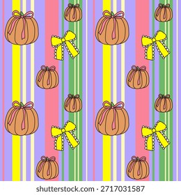 Nahtloses Muster aus hellen Streifen mit unterschiedlichen Breiten von Kürbissen und Bögen