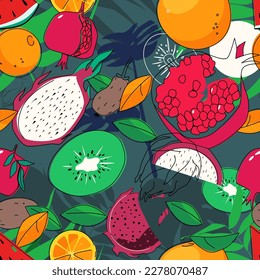 Seamless pattern with bright stylized fruits. Mood of summer and energy. Multicolored illustration.