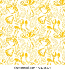 Seamless pattern. Bright pattern with stylized mushrooms and leaves in fall colors.Perfect for prints, flyers,banners,invitations,special offer and more.Vector autumn illustration.