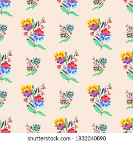 Seamless pattern with bright summer flower bouquets on a delicate background, vector