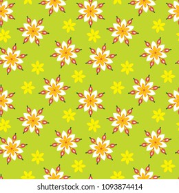 Seamless pattern with bright summer flowers on green background. Vector illustration in childrens flat style. Template for wallpaper, fabric, textile, package