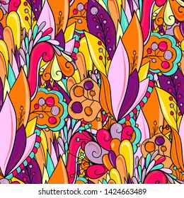 Seamless pattern bright summer flowers with leaves and berries.