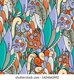 Seamless pattern bright summer flowers with leaves and berries.