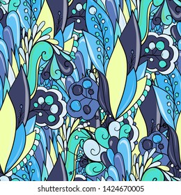 Seamless pattern bright summer flowers with leaves and berries.