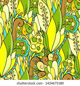 Seamless pattern bright summer flowers with leaves and berries.
