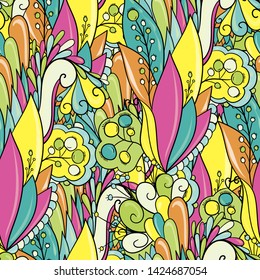 Seamless pattern bright summer flowers with leaves and berries.