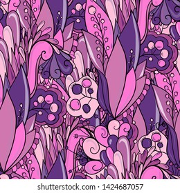 Seamless pattern bright summer flowers with leaves and berries.