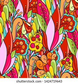 Seamless pattern bright summer flowers with leaves and berries.